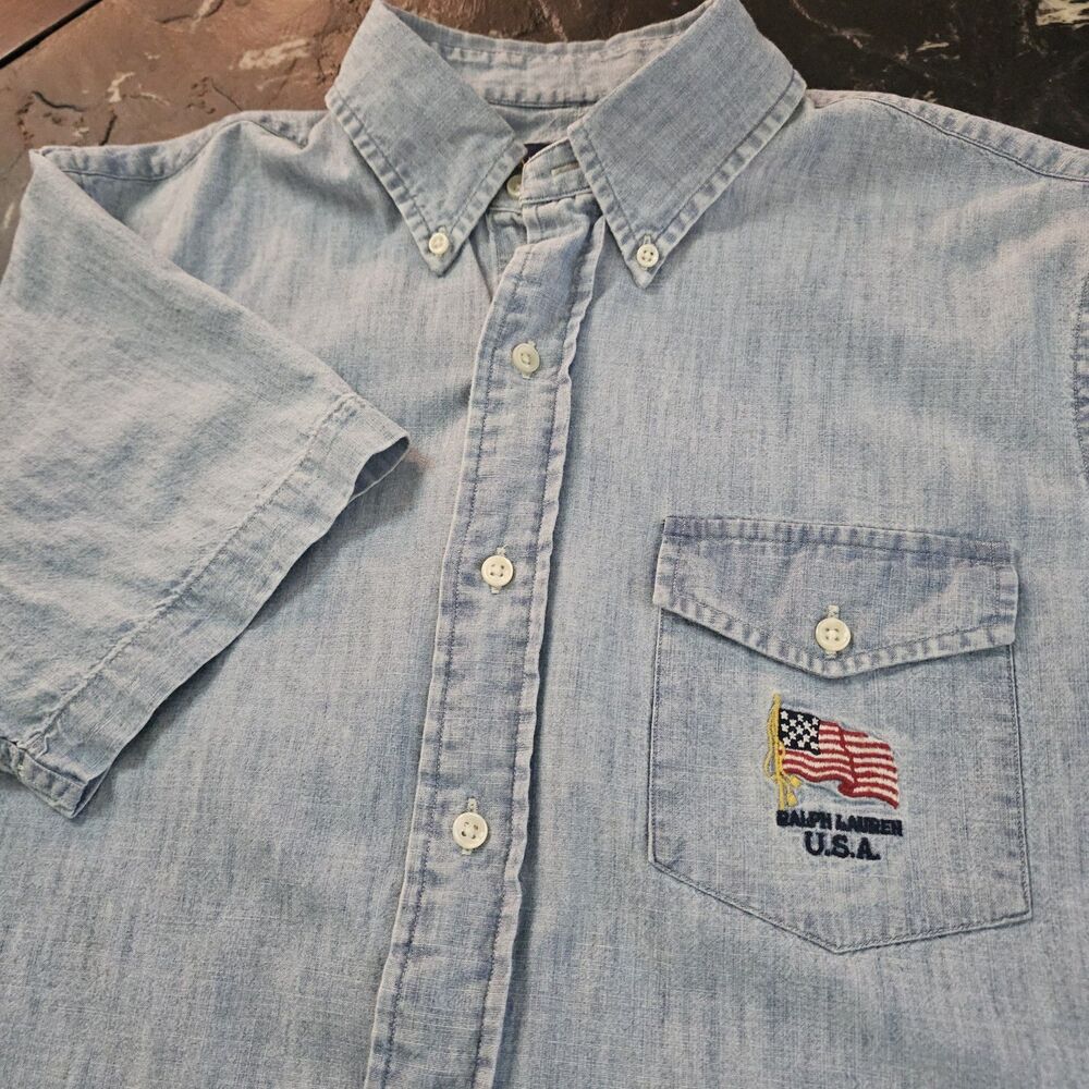 Ralph Lauren USA Flag Chambray Shirt Mens M Blue Button Down Short Sleeve Polo
